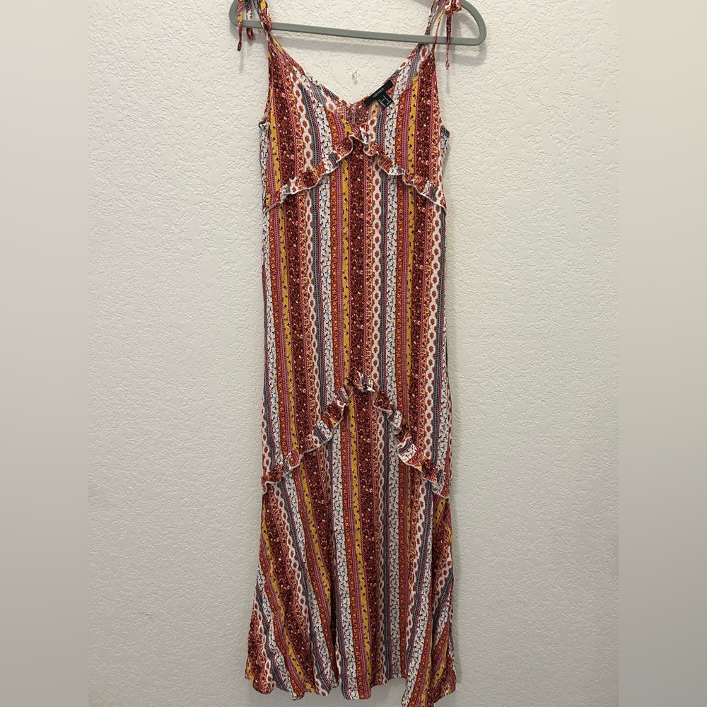 Forever 21 Rust Multi Striped Ruffle Tie-Shoulder Maxi SunDress, Size Small